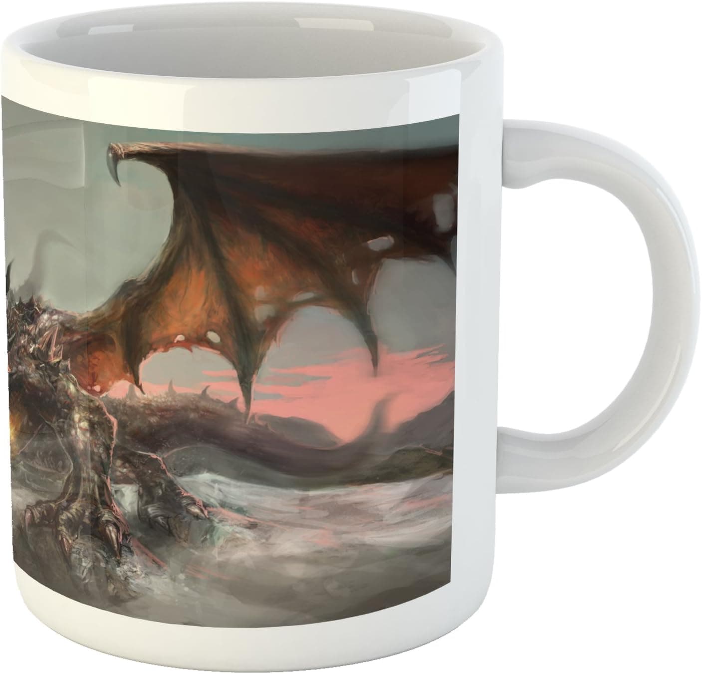 Ambesonne Fantasy World Mug, Illustration of 3 Headed Breathing Dragon Large Monster Gothic Theme, Ceramic Coffee Mug Cup for Water Tea Drinks, 11 oz, Brown Grey