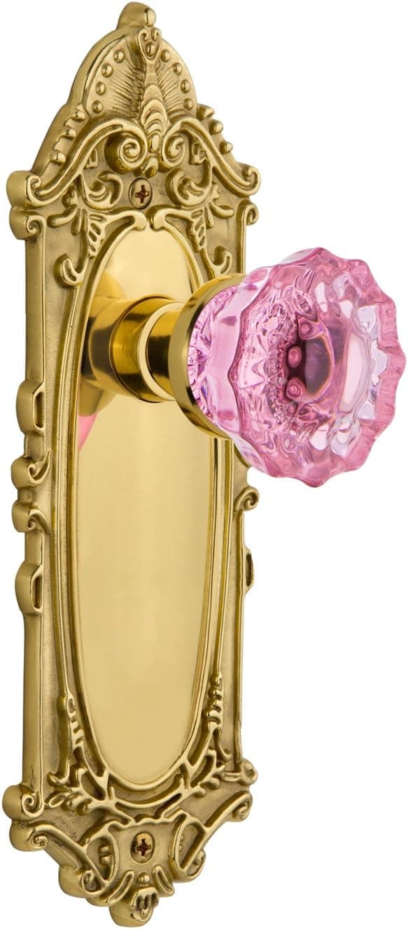 Nostalgic Warehouse 721276 Victorian Plate Passage Crystal Pink Glass Door Knob in Polished Brass, 2.375