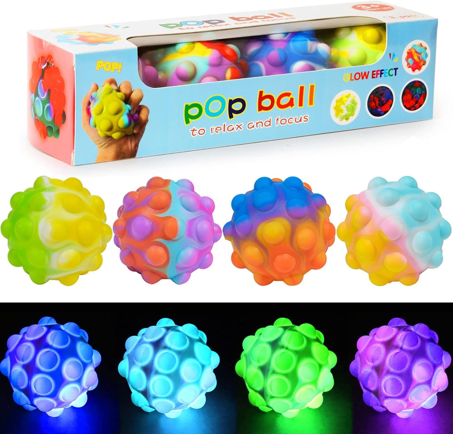 Pop Ball Fidget Toys for Kids - 4 Pcs Pop Stress Balls Glow in The Dark 3D Anti-Pressure Squeeze Pop Fidget Ball BPA Free Food Grade Silicone Sensory Toys