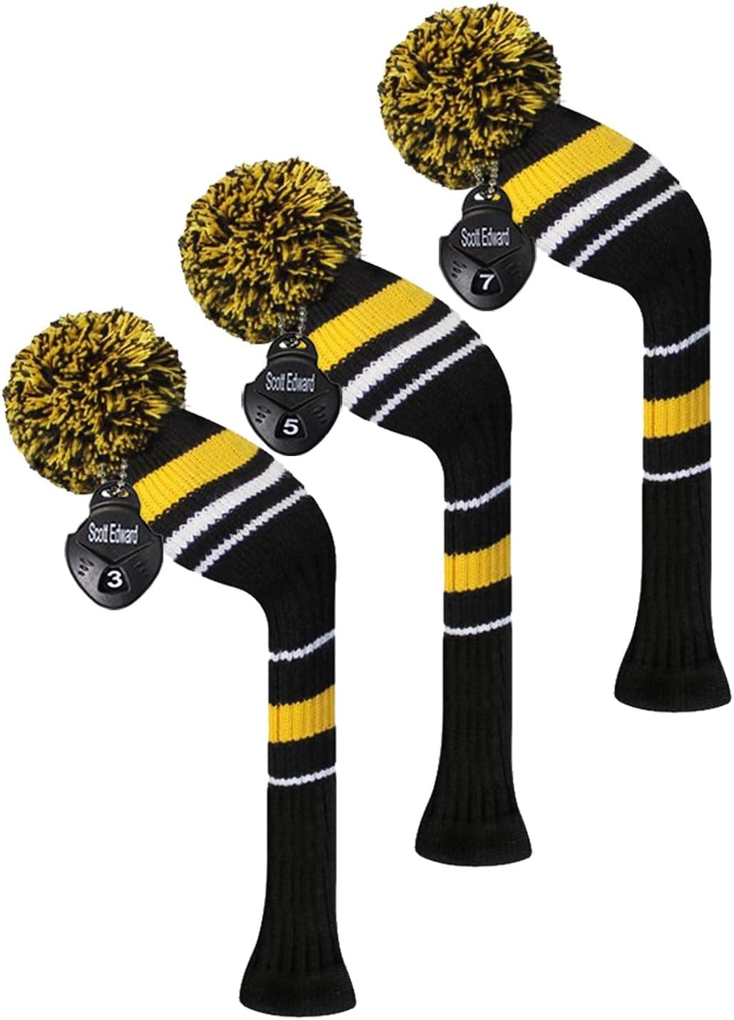 Scott Edward Golf Fairway Woods Club Head Covers, Warning Stripes, Acrylic Yarn Double-Layers Knitted, 3 Pieces Packed, with Rotatable Number Tags, 3 Colors Optiona (Yellow)