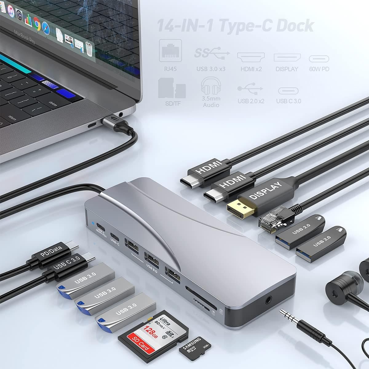Quadruple Display USB C Docking Station (2*HDMI+DP), 14 in 1 USB C Hub Compatible for macOS&Windows, USB C Dock(2*4KHDMI,DP ,PD3.0,USB-C,Ethernet,Audio,SD/TF Card Reader,5*USB Ports)