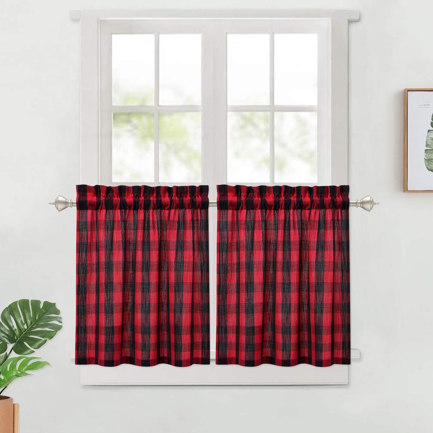 Haperlare Buffalo Tier Curtains for Kitchen Windows, Thick Yarn Dyed Café Curtains, Buffalo Check Plaid Gingham Pattern Half Window Curtain Set for Bathroom, 28" x 24", Black/Red, Set of 2