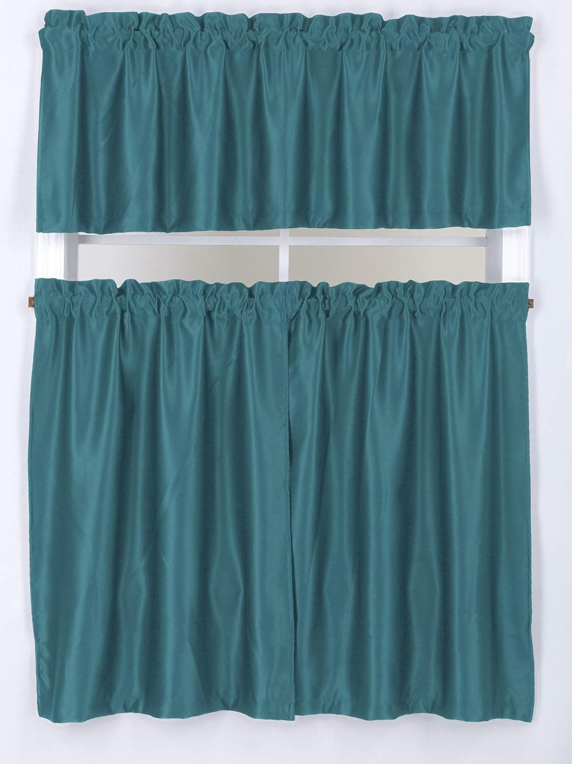 Sapphire Home 2 Tier (36"L) + 1 Valance (18"L) Blackout Solid Curtain Panels 54"W x 36" L, Rod Pocket, Soft Woven Fabric, Curtains for Kitchen or Small Window, Room Darkening Tier Panels, Turquoise