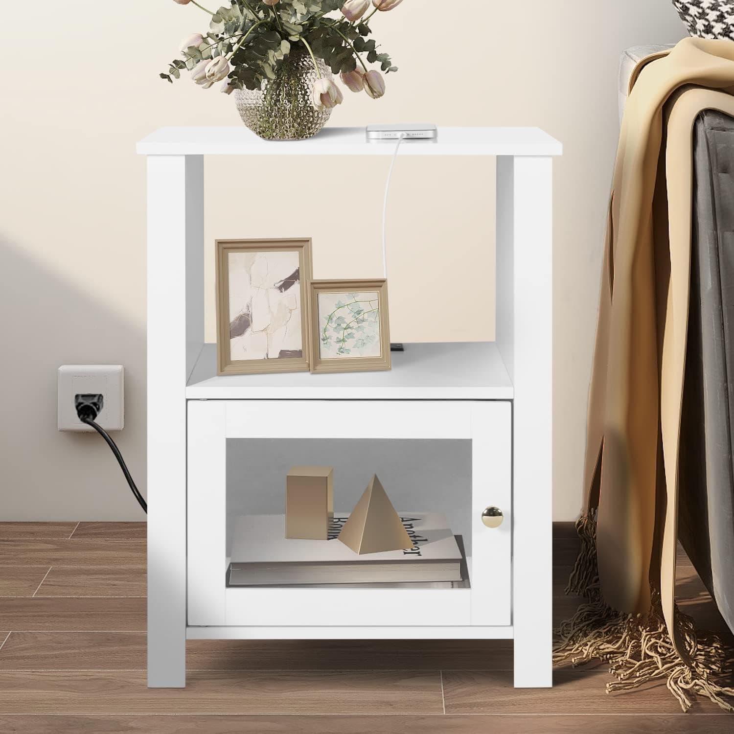 Vikiullf GBU White Nightstand with Charging Station - Night Stands for Bedroom, Modern Wooden Bedside Table with Open Shelf and Glass Cabinet
