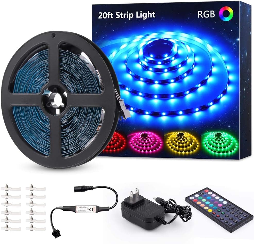 Novostella 20ft RGB LED Strip Light kit, Flexible Color Changing 180 Units SMD 5050 LEDs, 12V LED Tape with 44 Key RF Remote, Dimmable LED Ribbon for Home Lighting Kitchen Bar,UL Listed Power Supply