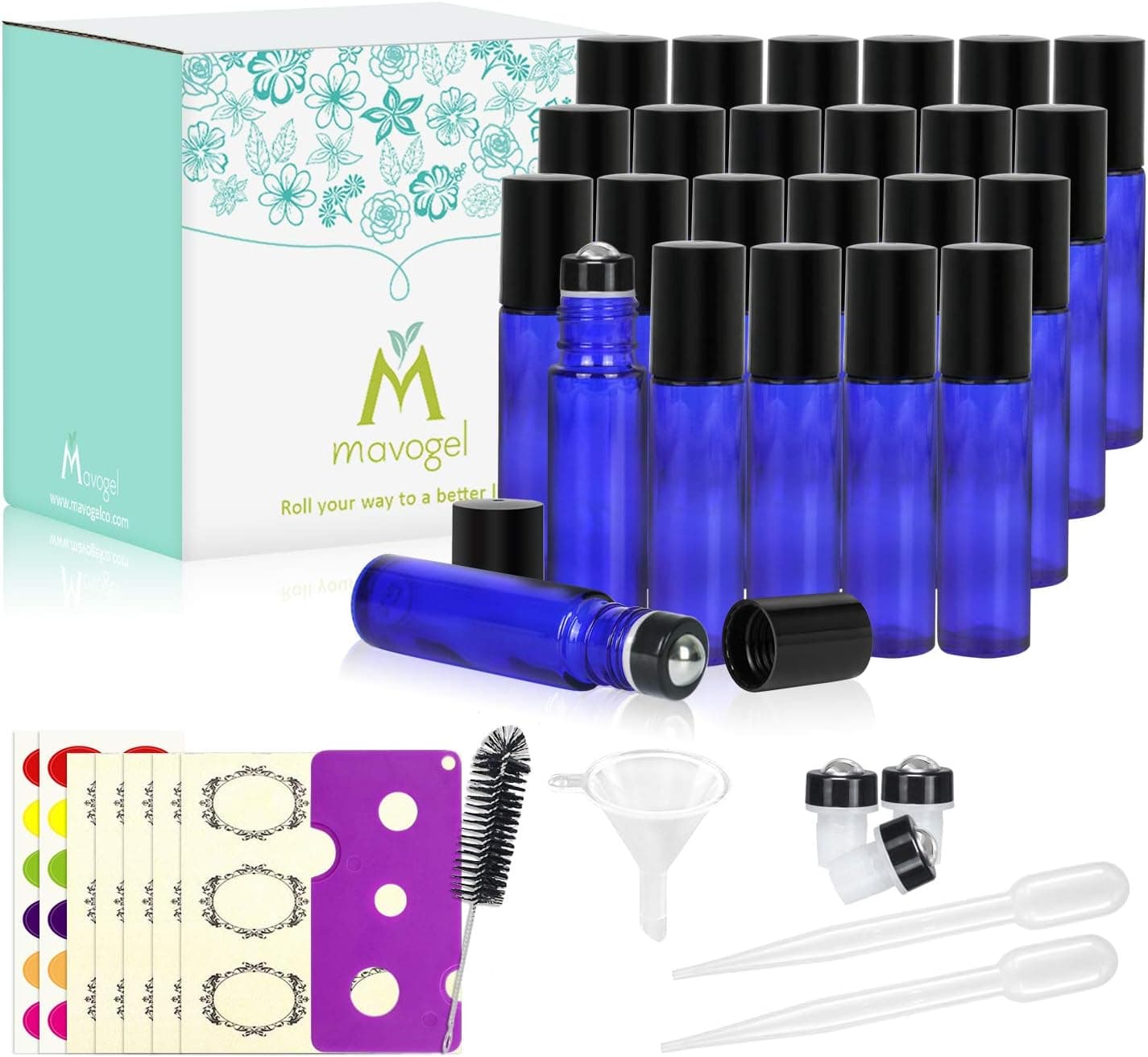 Mavogel Essential Oil Roller Bottles - 10ml,24 Pack Cobalt Blue Glass Roller Bottles with Stainless Steel Roller Balls (3 Extra Roller Balls, 54 Pieces Labels, Opener, Funnel, Dropper, Brush Included)