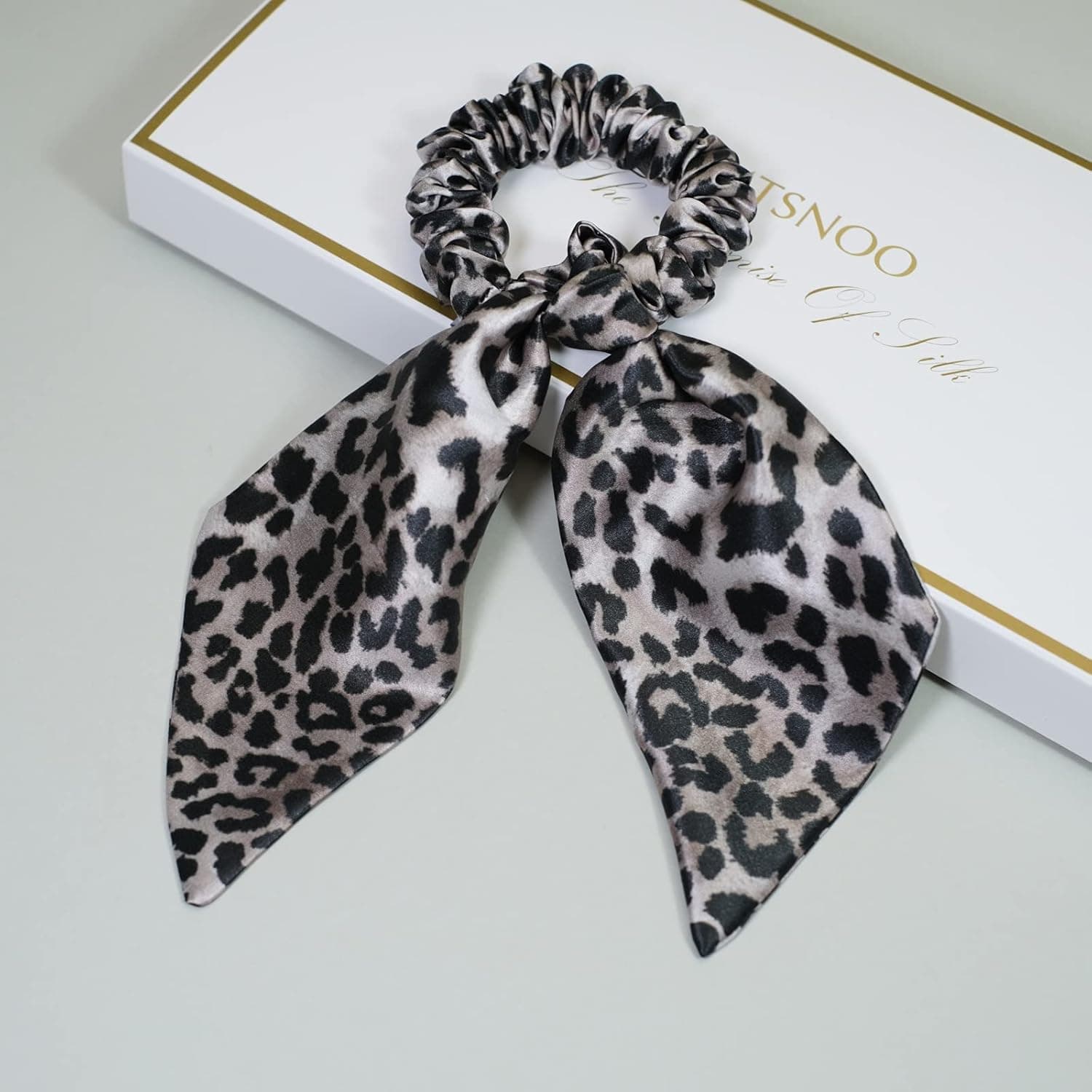 MTSNOO Scrunchies Scarf Hair Ribbon Ties Black Leopard 22 Momme Pure Mulberry Silk Ponytail Ribbon Scrunchies Hair Ties Bow Ponytail Holder for Women Girls