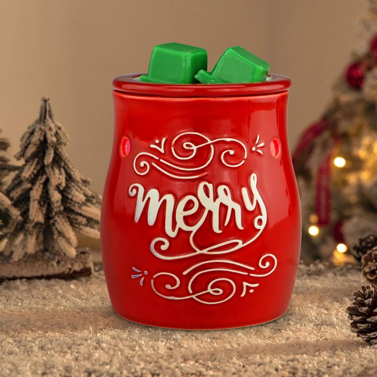 STAR MOON Pluggable Fragrance Warmer Wax Melter for Christmas Decoration Home/Dorm/Office No Flame No Smoke No Soot Packaged Together with Two Bulbs-Merry Christmas Classical Red