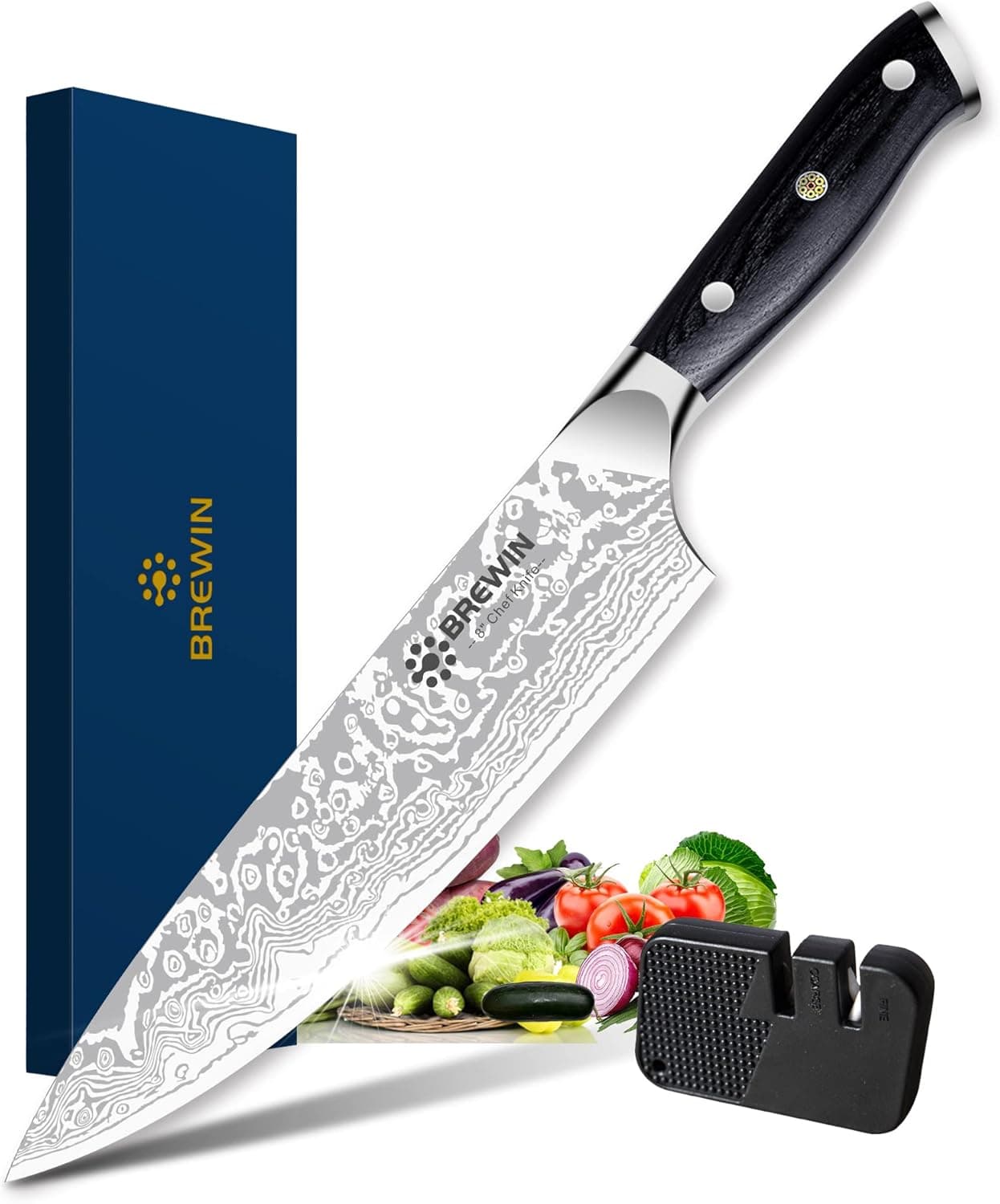 Brewin Kitchen Knife with Sharpener, Razor Sharp 8 Inch Chef Knife with Black Pakkawood Handle German High Carbon Stainless Steel Full Tang Professional Cooking Knives with Gift Box