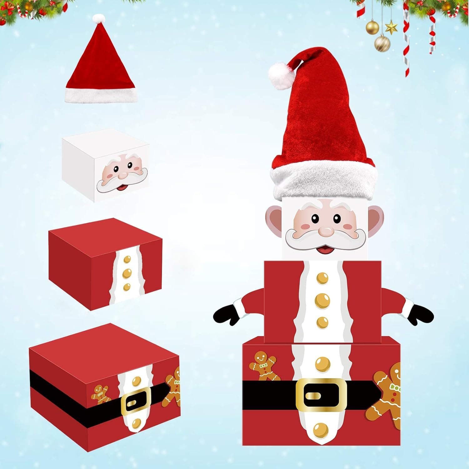 Christmas Santa Gift Boxes Xmas Holiday Indoor Decorations Tower Nesting Present Boxes for Christmas Tree Home Office Table Kicthen Decorations Winter Festive Birthday Supplies