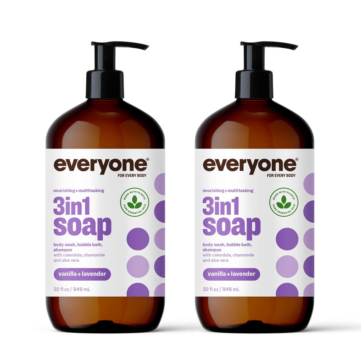 Everyone 3-in-1 Soap, Body Wash, Bubble Bath, Shampoo, 32 Ounce (Pack of 2), Vanilla and Lavender, Coconut Cleanser with Plant Extracts and Pure Essential Oils