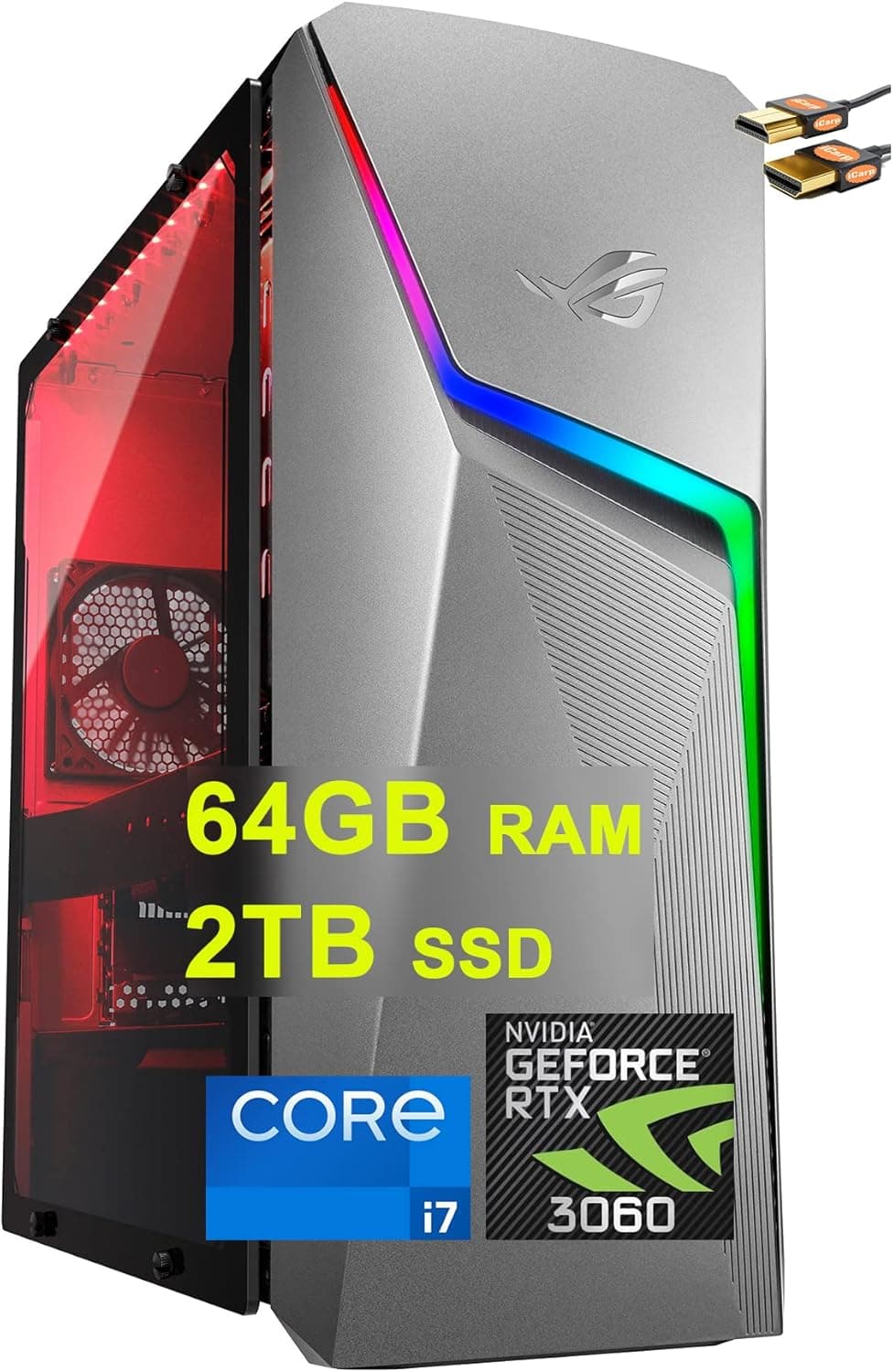 ASUS ROG Strix G10CE Gaming Desktop Computer 11th Generation Intel Octa-Core i7-11700 64GB RAM 2TB SSD NVIDIA Geforce RTX 3060 12GB Graphic DisplayPort Aura Sync Lighting Win11 Gray + HDMI Cable
