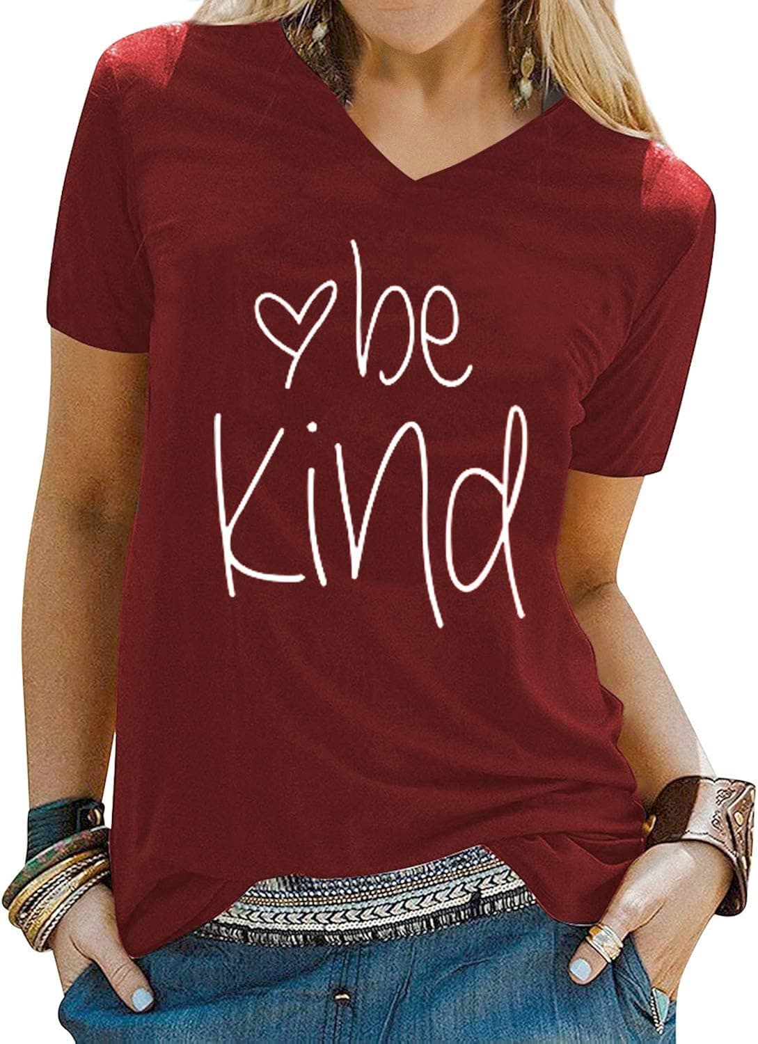 Akihoo Girls Tee Cute Summer Top Graphic Loose Be Kind V-Neck Short Sleeve Wine Red T-Shirts XXL