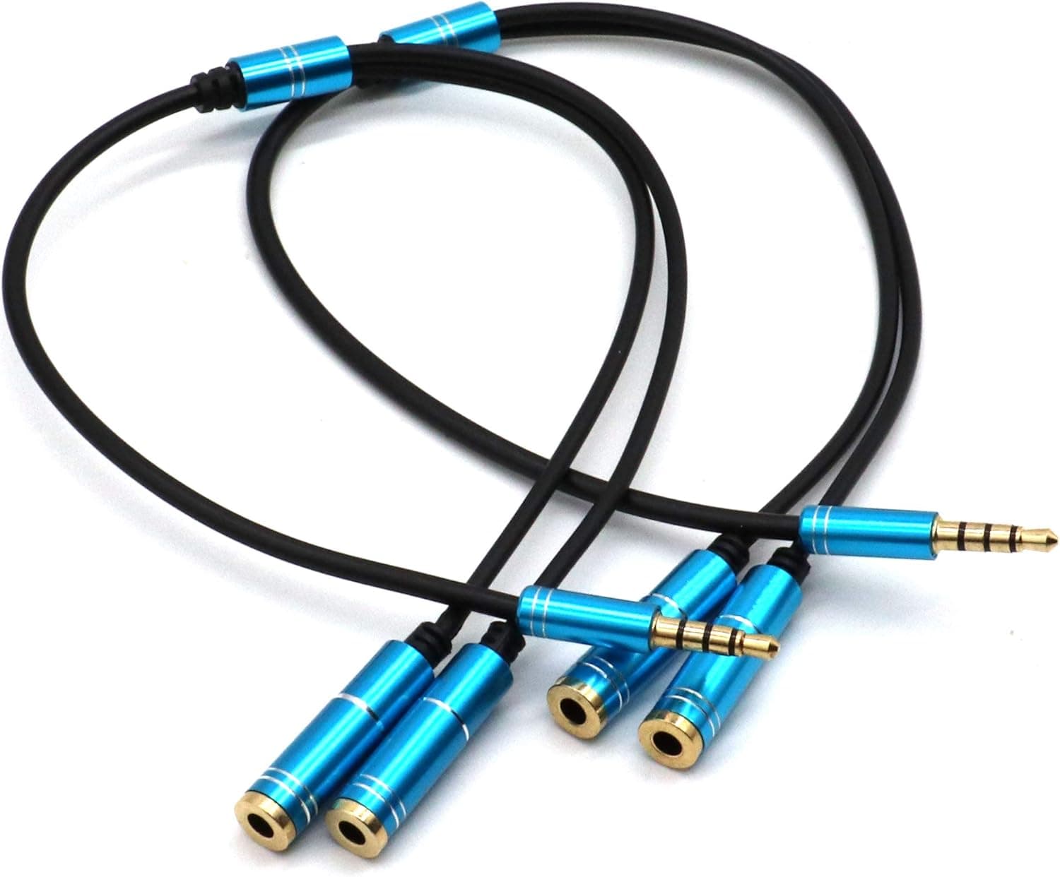 Headphone Splitter, 4 Poles 3.5mm Male to 2 Dual Female Stereo Jack Y Splitter Cable for Earphone, Headset Splitter Adapter Extension Aux Cable, Compatible iPhone, MP3 Player,Tablets (Blue-2Pack)