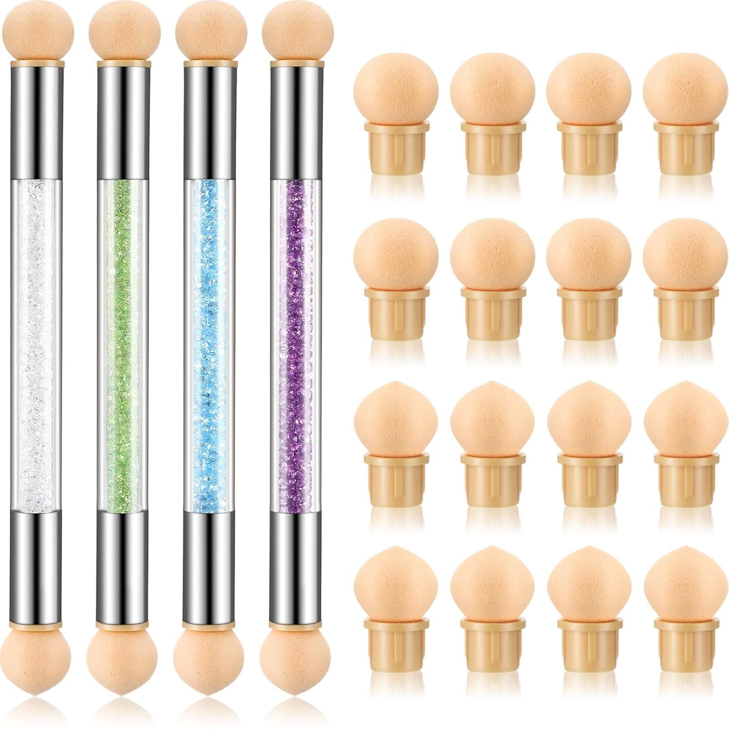 4 Pieces Sponge Nail Brush Picking Dotting Gradient Pen Brush Double Head Nail Brush Acrylic Nail Painting Brush with 16 Pieces Replacement Head for Nail Art Manicure (White, Green, Purple, Blue)