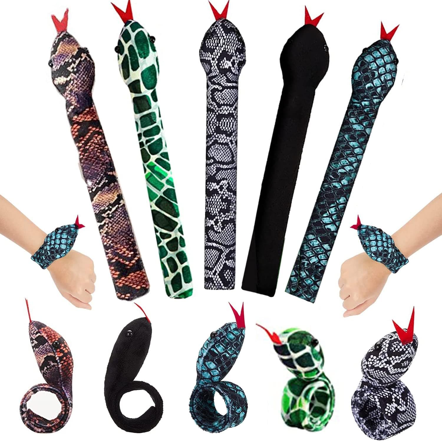 5 Pieces Halloween Snake Snap Slap Bracelets,Fuzzy Animal Snake Bracelet Slap for Kids Boys Girls Halloween Birthday Party Favors, 5 Assorted Designs