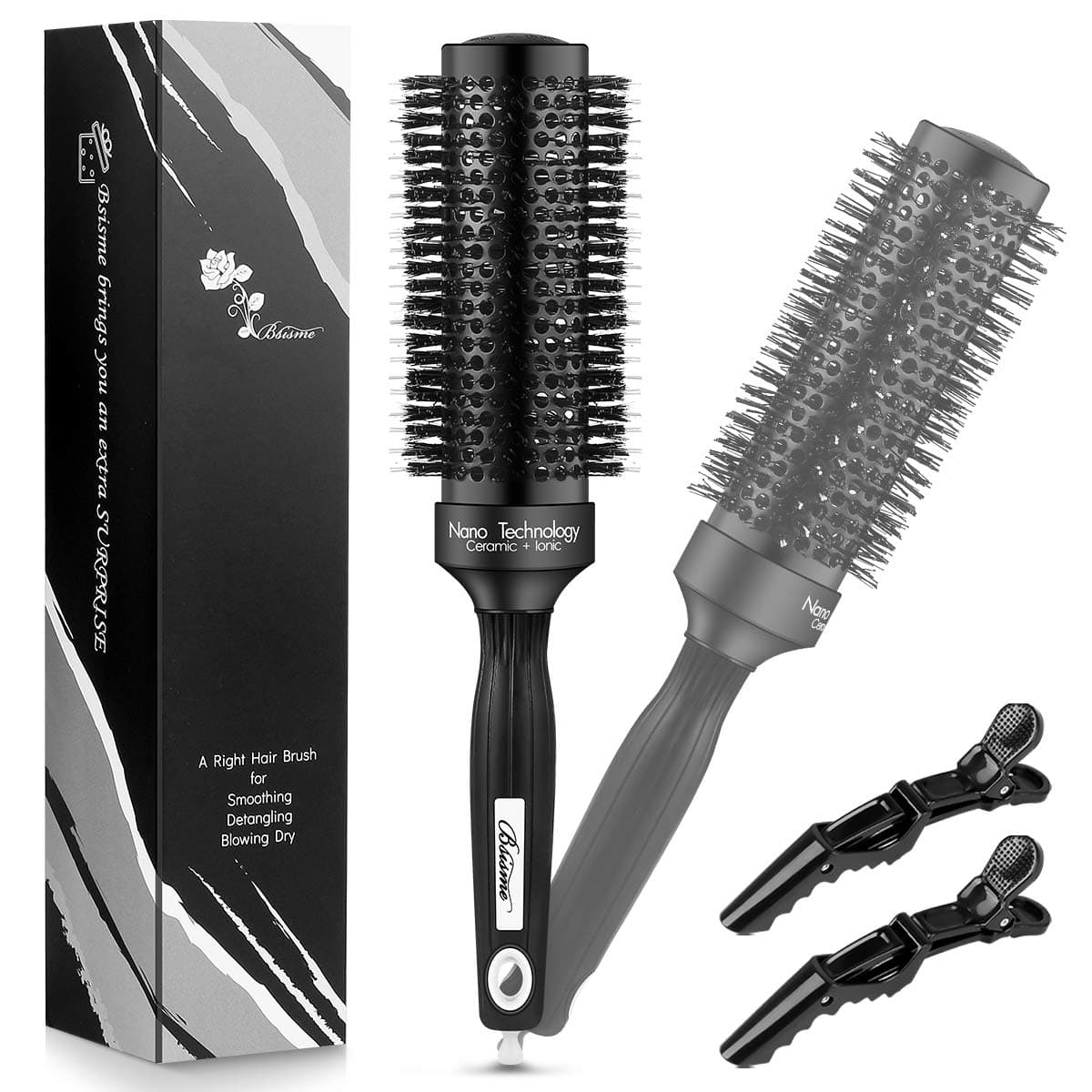 Professional Round Brush for Blow Drying with Boar Bristles,1.7 Inch Nano Ceramic Ionic Blowout Hair Brush for Straightening Curling,Styling Brush for Medium Wavy Curly Hair Add Volume Shine