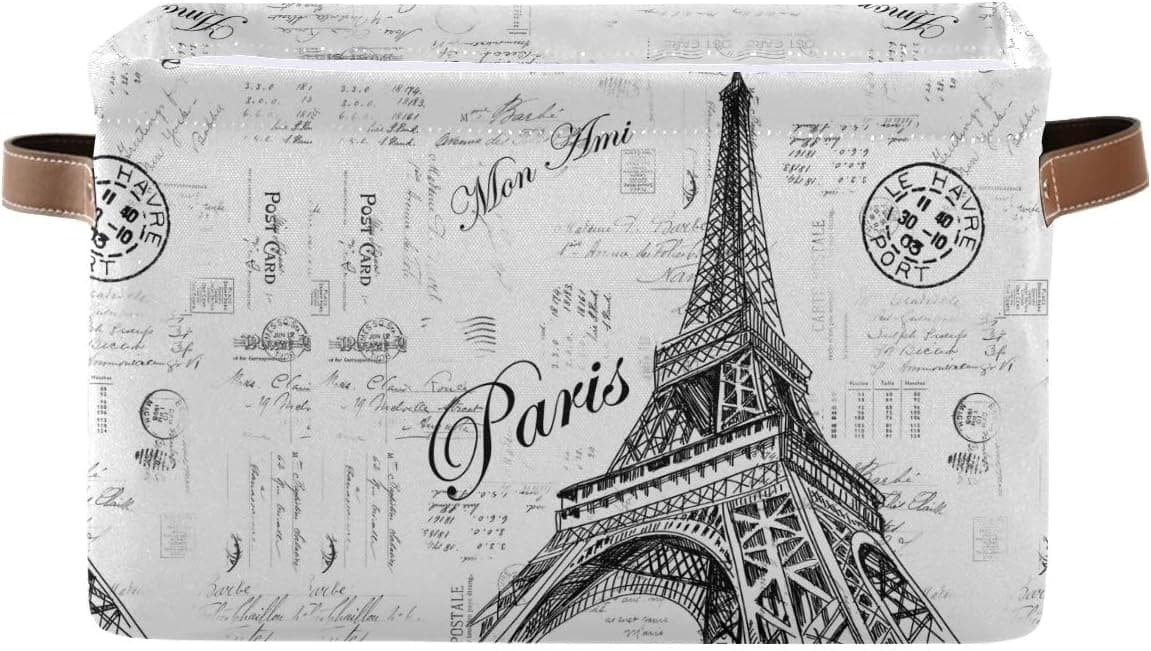 WELLDAY 2PCS Storage Basket Paris Eiffel Tower Large Foldable Storage Bin Cube Collapsible Organizer