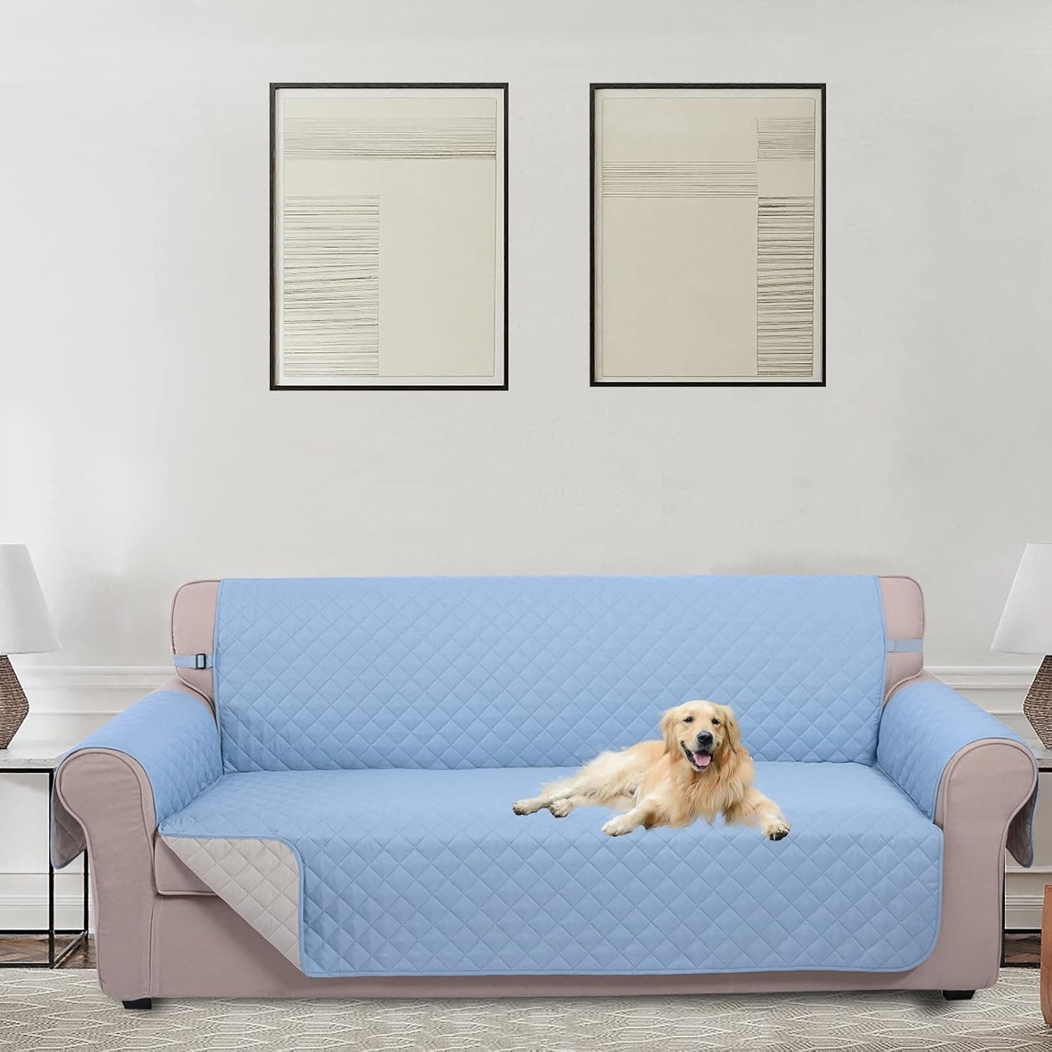 U-NICE HOME Reversible Sofa Cover Couch Cover for Dogs with Elastic Straps Water Resistant Furniture Protector for Pets Couch Cover for 3 Cushion Couch (Sofa, Light Blue/Ivory)
