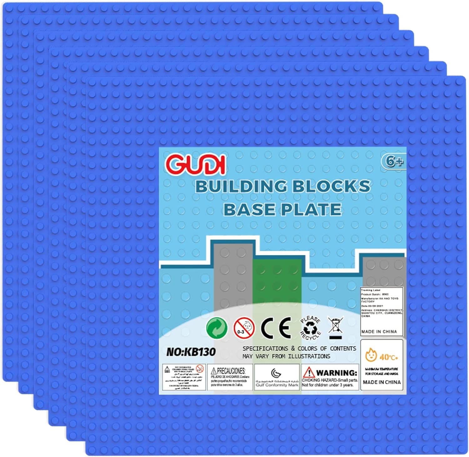 GUDI Classic Baseplate for Building Blocks, Creative Baseplate 10”x 10” for Kids Compatible with Most Building Bricks, Pack of 6 Large Building Base Accessory Suitable for Kids Activity Table (Blue)