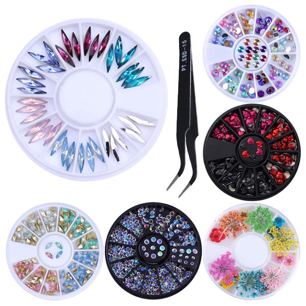 NICOLE DIARY 3D Nail Art Rhinestones Kit Colorful Crystal Beads Marquise Flat Bottom Square Resin Decoration in Wheel with Wax Pen Rhinestone Studs Picker Nail Art Tool (set 5)