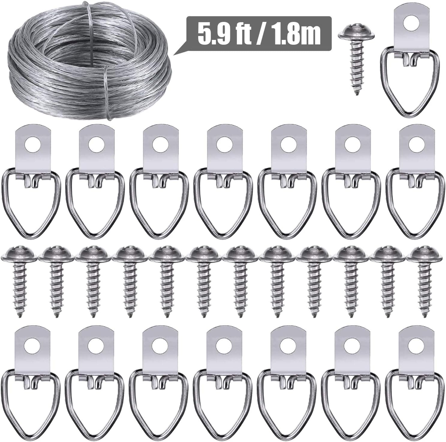 Teemico Picture Hanging Kit 50 Pieces D-Ring Picture Hangers with 50 Screws, 5.9 Feet Picture Hanging Wire