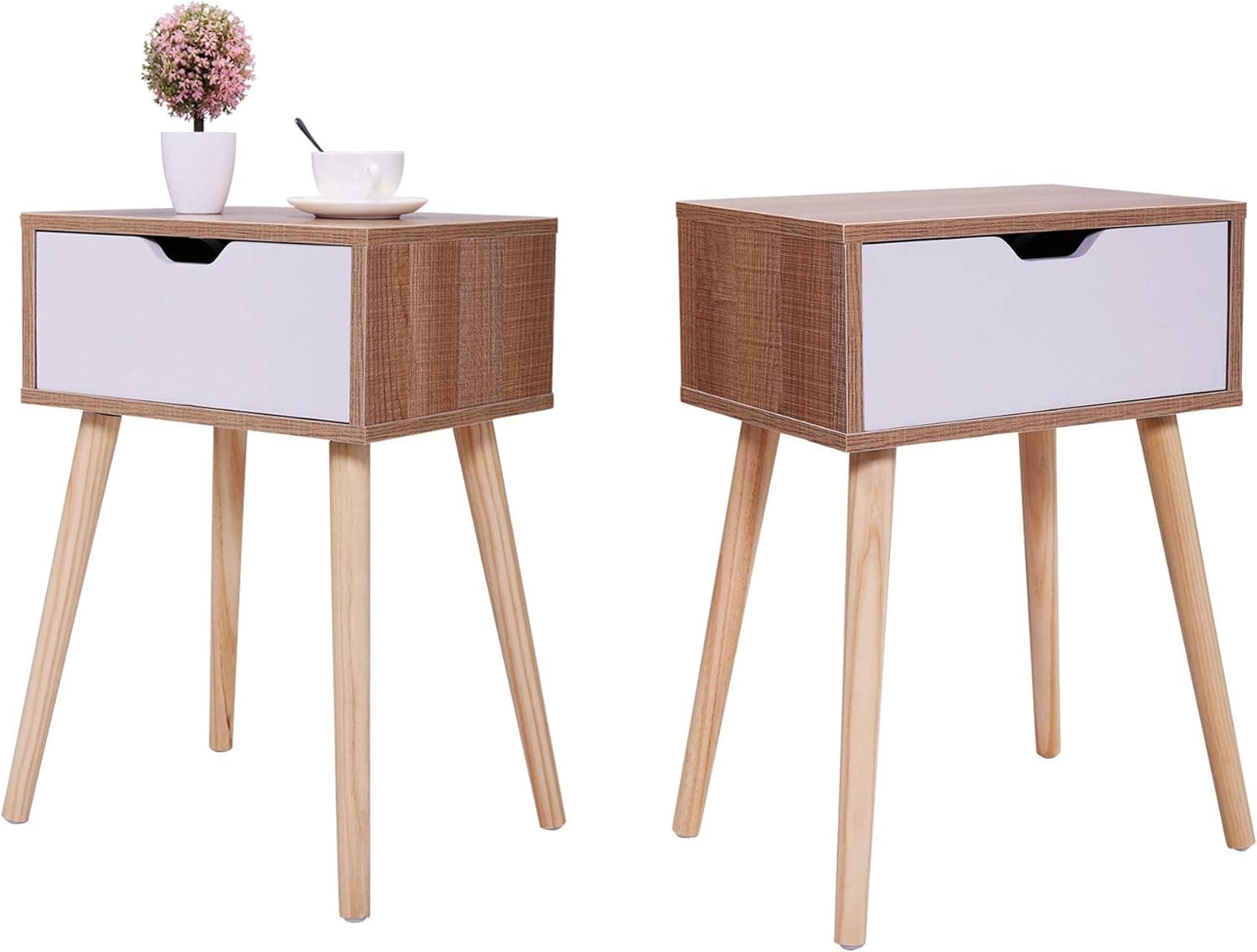 Set of 2 Mid-Century Wood Nightstand, Wooden End Table Side Beside Table for Living Room Bedroom w/Storage Drawer Shelf & Solid Wood Leg in Walnut