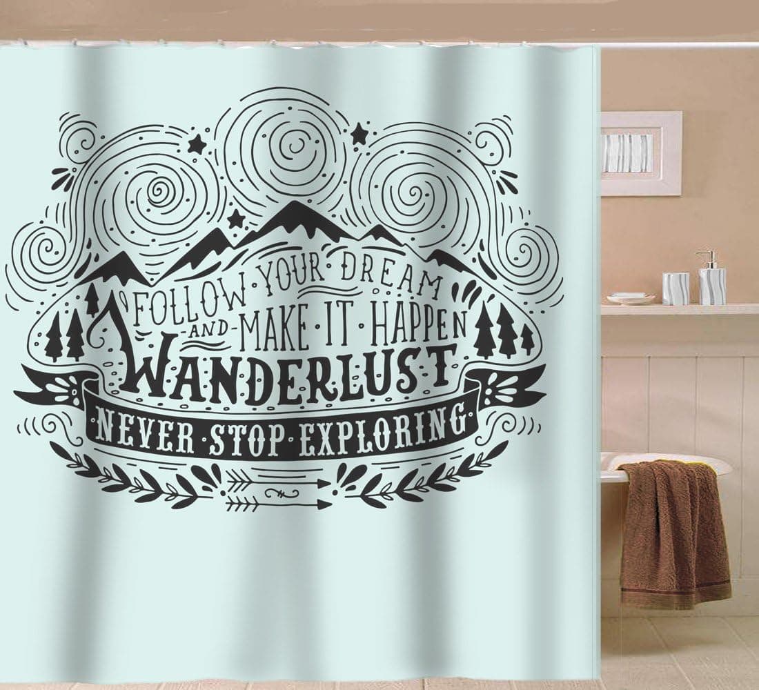 Sunlit Quotes Follow Your Dream Make It Happen Never Stop Exploring Wanderlust Fabric Shower Curtain Waves and Cloud Fashion Modern Style Artwork Pattern Mint Aqua Blue