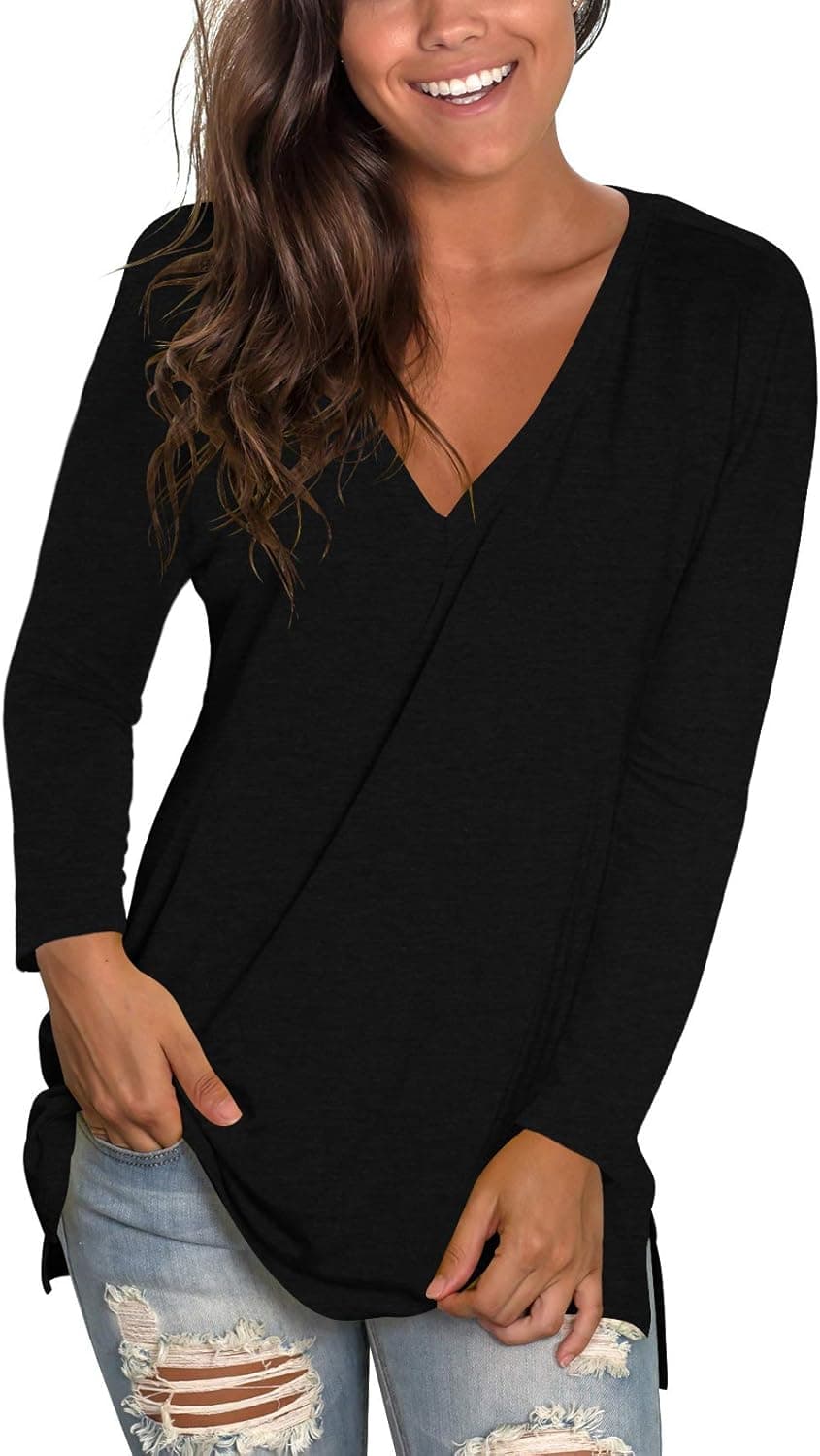 liher Womens Tshirts Long Sleeve Tops V Neck Loose Fit Casual Fall Clothes Plaid Shirt