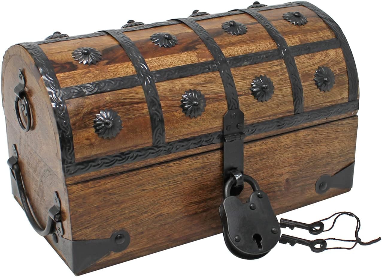 Nautical Cove Pirate Treasure Chest with Iron Lock and Skeleton Key - Wooden Storage and Decorative Box (Medium 11 x 6 x 6.75)