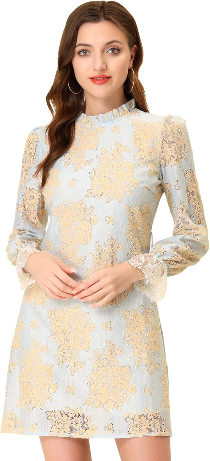 Allegra K Women's Ruffle Crew Neck Formal Elegant Mini Floral Lace Dress