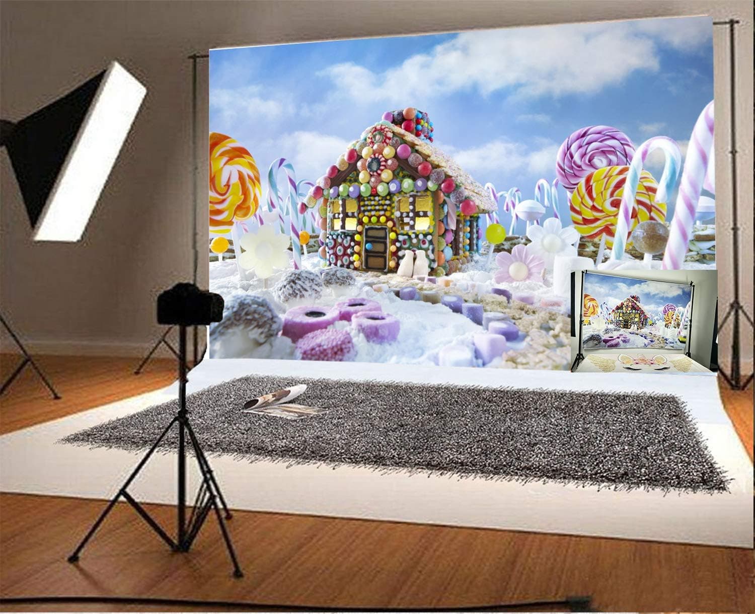 10x6.5ft Christmas Backdrop Laeacco Gingerbread House Christmas Photo Backdrop Candy Cane Sweets Surrounded Landscape Lollipops Colorful Christmas Background Children Baby Girls Photo Shoot Video Prop