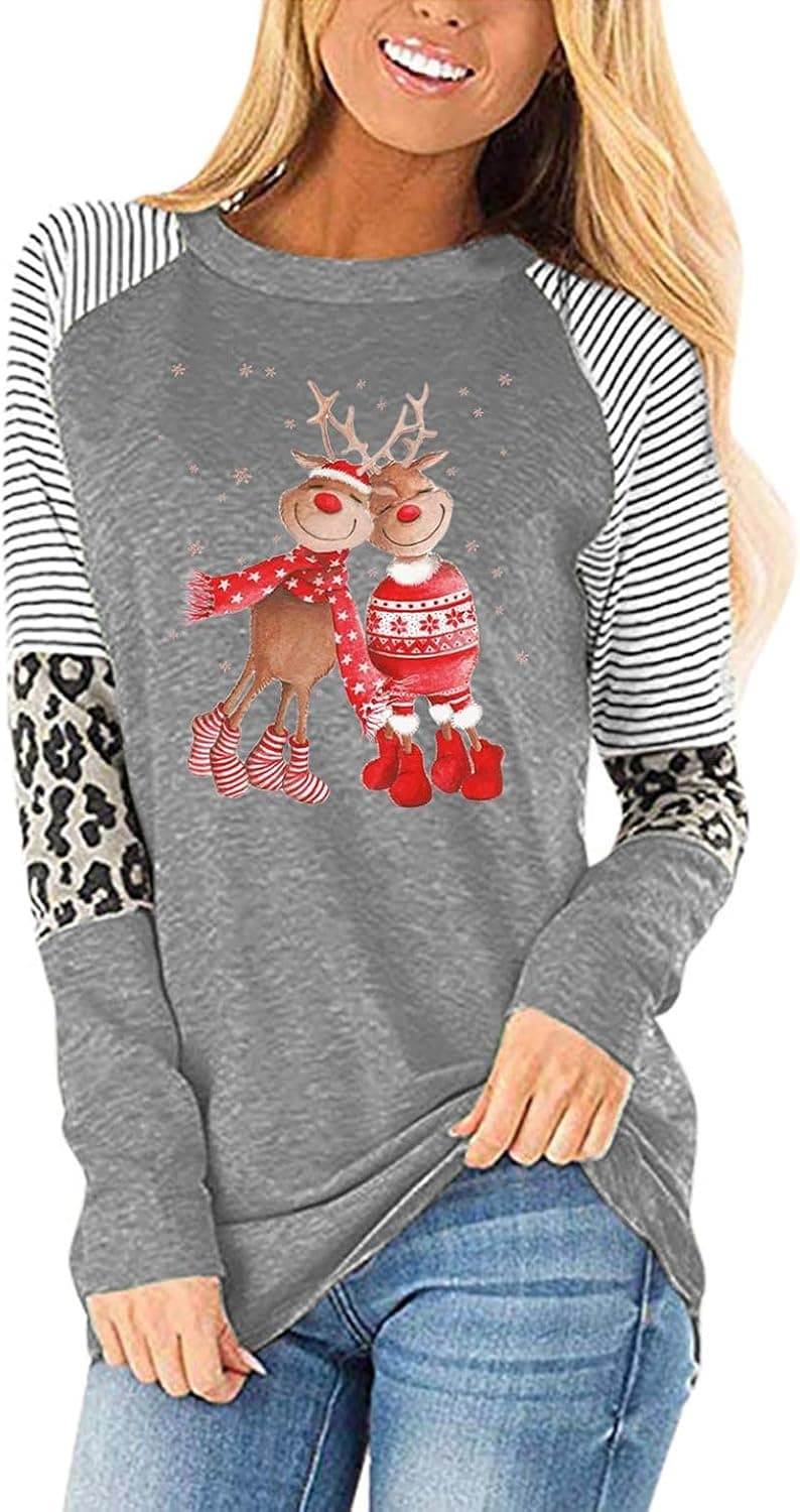 Christmas Crewneck Sweatshirts for Women Cute Elk Print Long Sleeve Splicing Shirts Fall Colthes Casual Pullover Tops