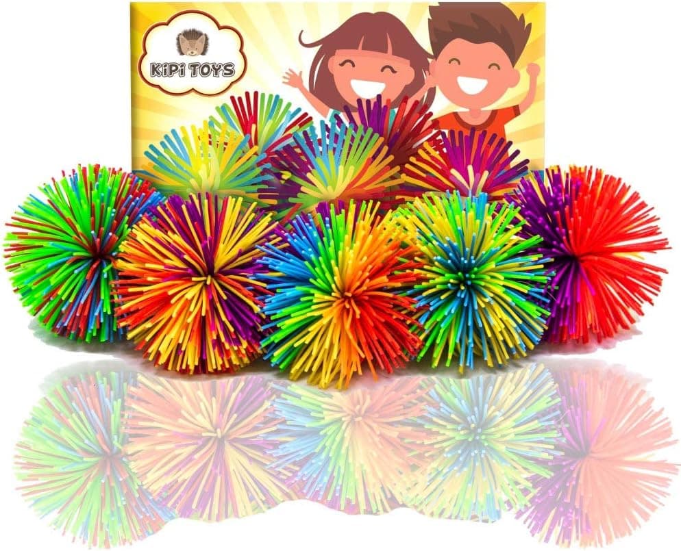 Fun Toy Stringy Balls Game Set of 5 Bundle Gift Box Bulk Relief Relax Fidget Play Squeeze Sensory Rainbow Splat Ball Monkey Toy Pom Pom Stress Ball Games for Kids Children Adults Office and Home