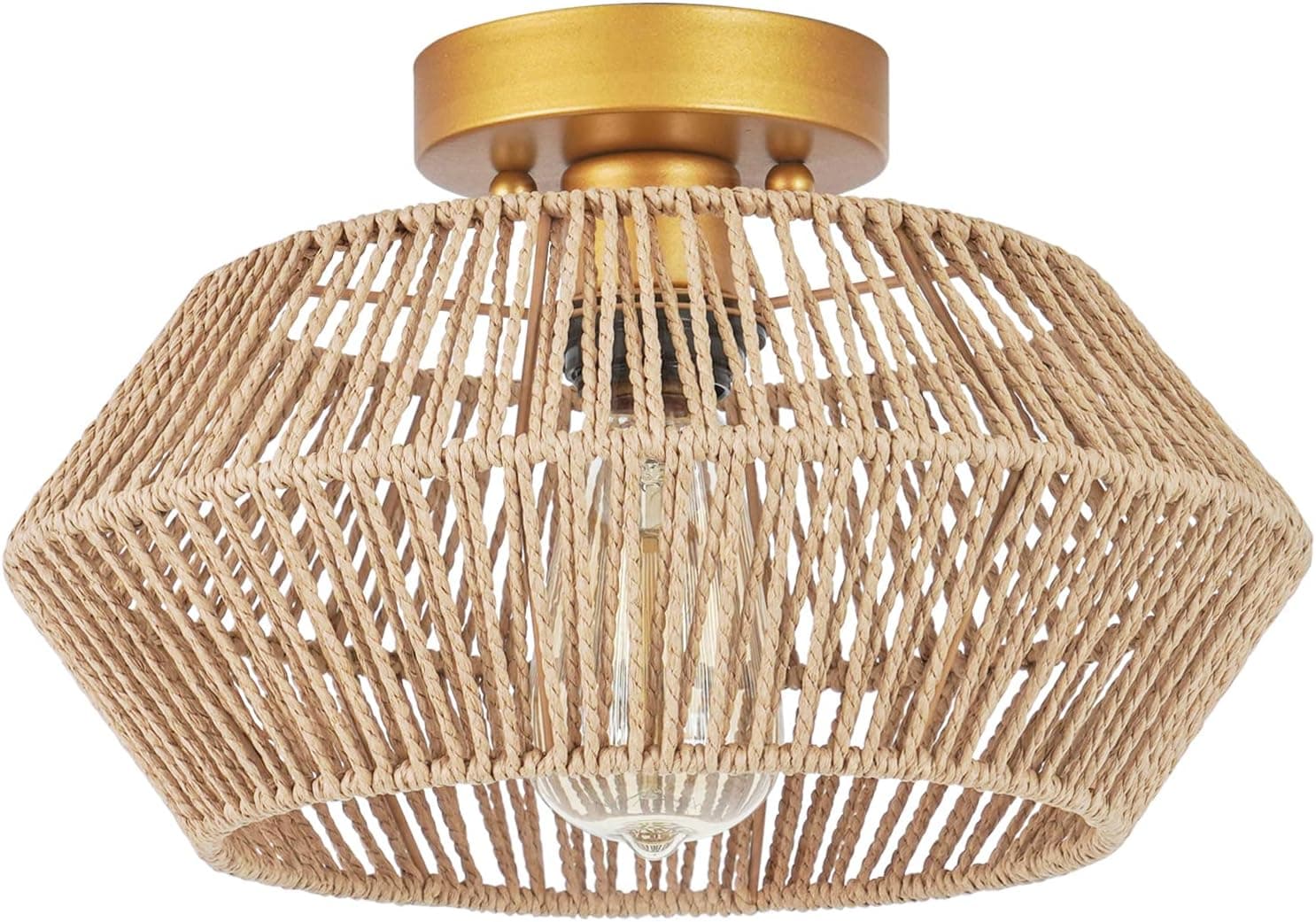 VILUXY Woven Rattan Light Fixtures Ceiling Mount, Hand-Worked Cage Shade Natural Mini Chandelier Antique Brass Brush Paint Finish for Bedroom, Corridor, Hallway, Entryway, Study Room