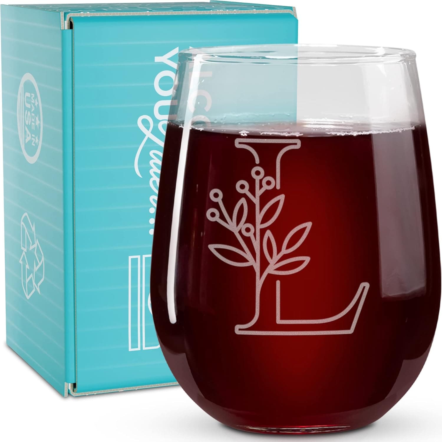On The Rox Drinks Monogrammed Gifts For Women and Men - Letter A-Z Initial Engraved Monogram Stemless Wine Glass - 17 Oz Personalized Wine Glifts For Women and Men (L)