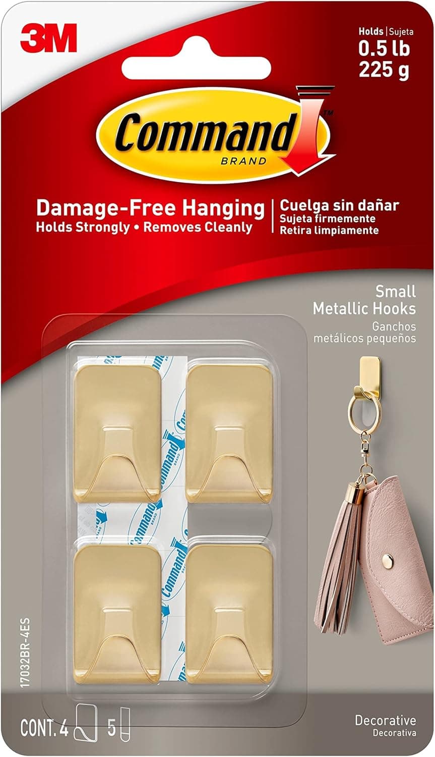 Command 17032BR-4ES Metallic Hooks, 0, Brass, 4 Count