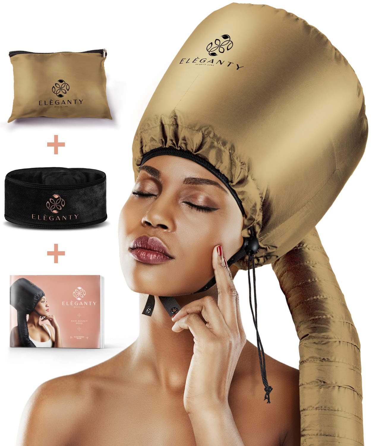 Eleganty Soft Bonnet Hood Hairdryer Attachment with Headband That Reduces Heat Around Ears and Neck to Enjoy Long Sessions - Used for Hair Styling, Deep Conditioning and Hair Drying (Gold)
