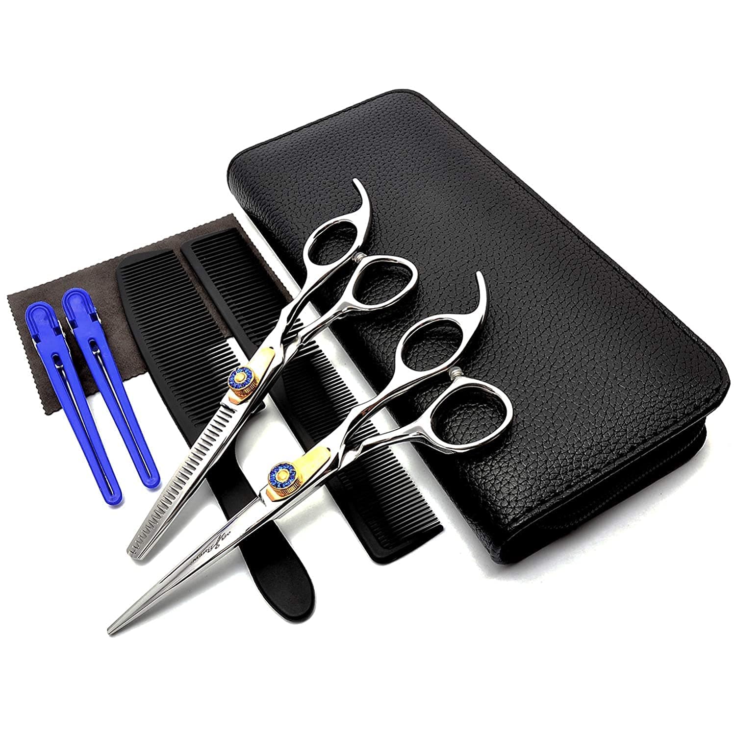 MASTER GO Professional Hair Cutting Scissors Kit 8 PCS ,Stainless Steel Barber Haircut Shears Thinning Scissors Hairdressing Set for Salon Home Use Man Woman Adults Kids (Blue)