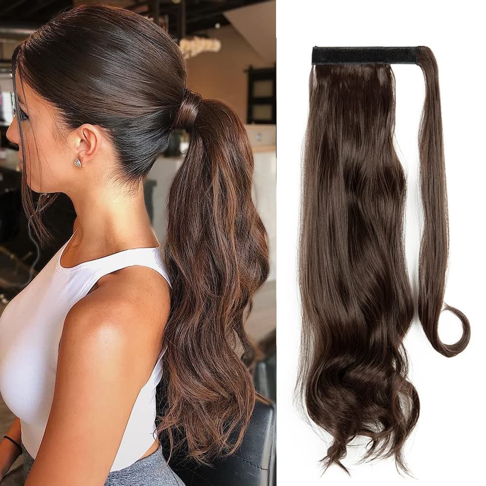 OMGREAT Ponytail Extension Long Wavy Ponytail Extensions Wrap Around Ponytail Hair Extensions for Women Fluffy Synthetic Natural Soft Hair Ponytail Hair Piece 18" ( Medium Brown )