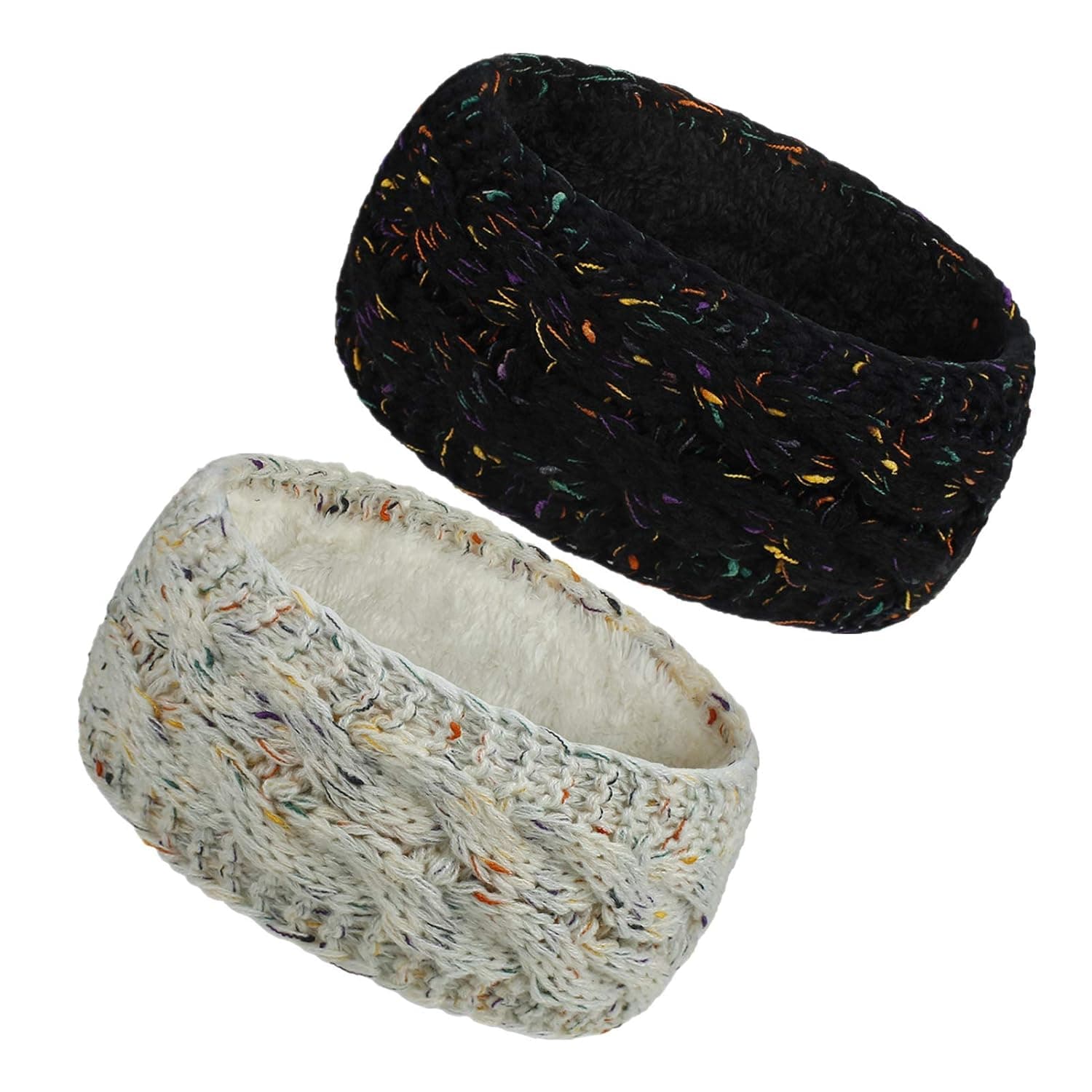 Cable Knit Fuzzy Lined Head Wrap Headband Ear Warmer (2 Pack - Beige Mix & Black Mix)