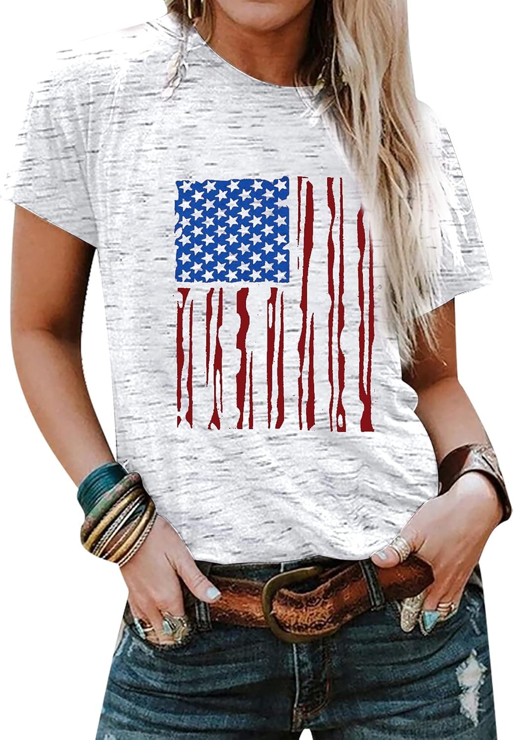 LUKYCILD 4th of July Shirt Women American Flag Vintage Graphic T-Shirt Star Stripes Patriotic Tee Tops