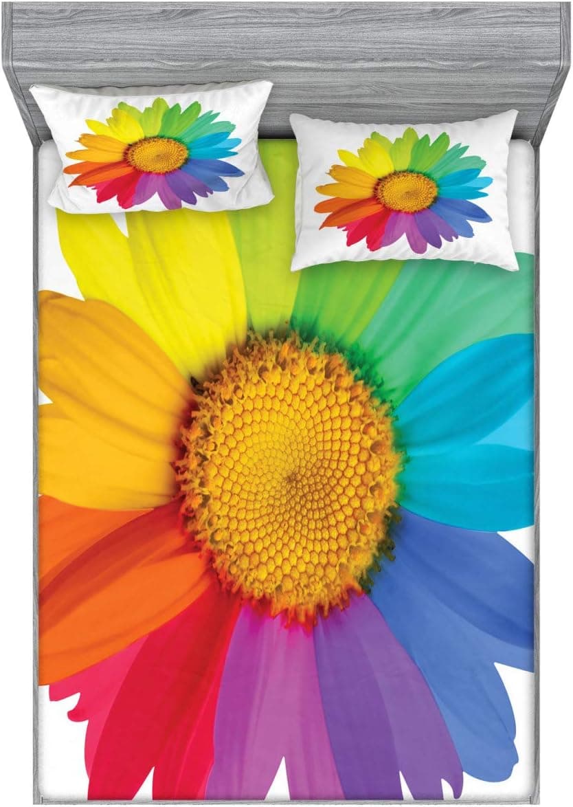 Ambesonne Flower Fitted Sheet & Pillow Sham Set, Rainbow Colored Sunflower or Daisy Spring Inspired Image Hippie Style Modern Design, Decorative Printed 3 Piece Bedding Decor Set, Queen, Rainbow
