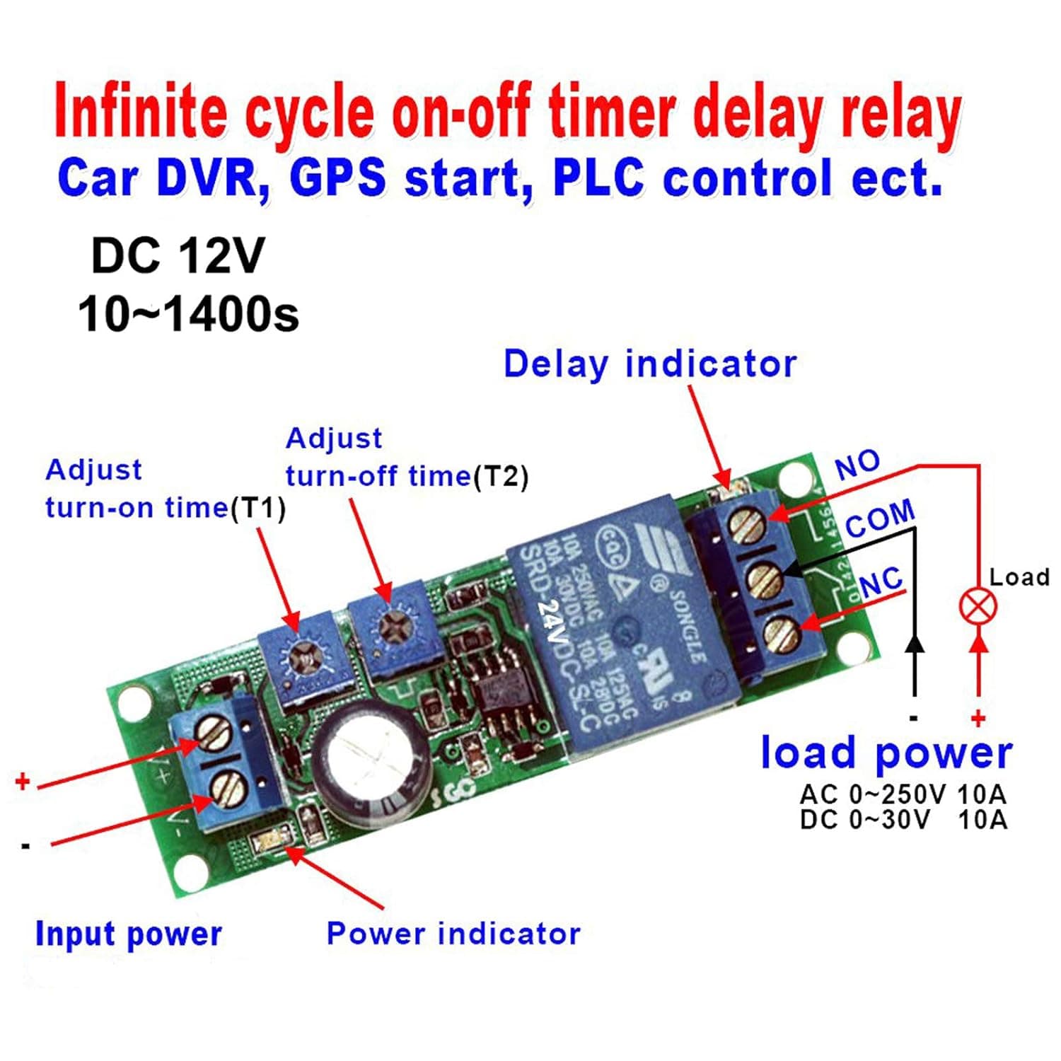 DC 12V Infinite Cycle Delay Timer Time Relay ON Off Switch Loop Module 10~1400 Seconds