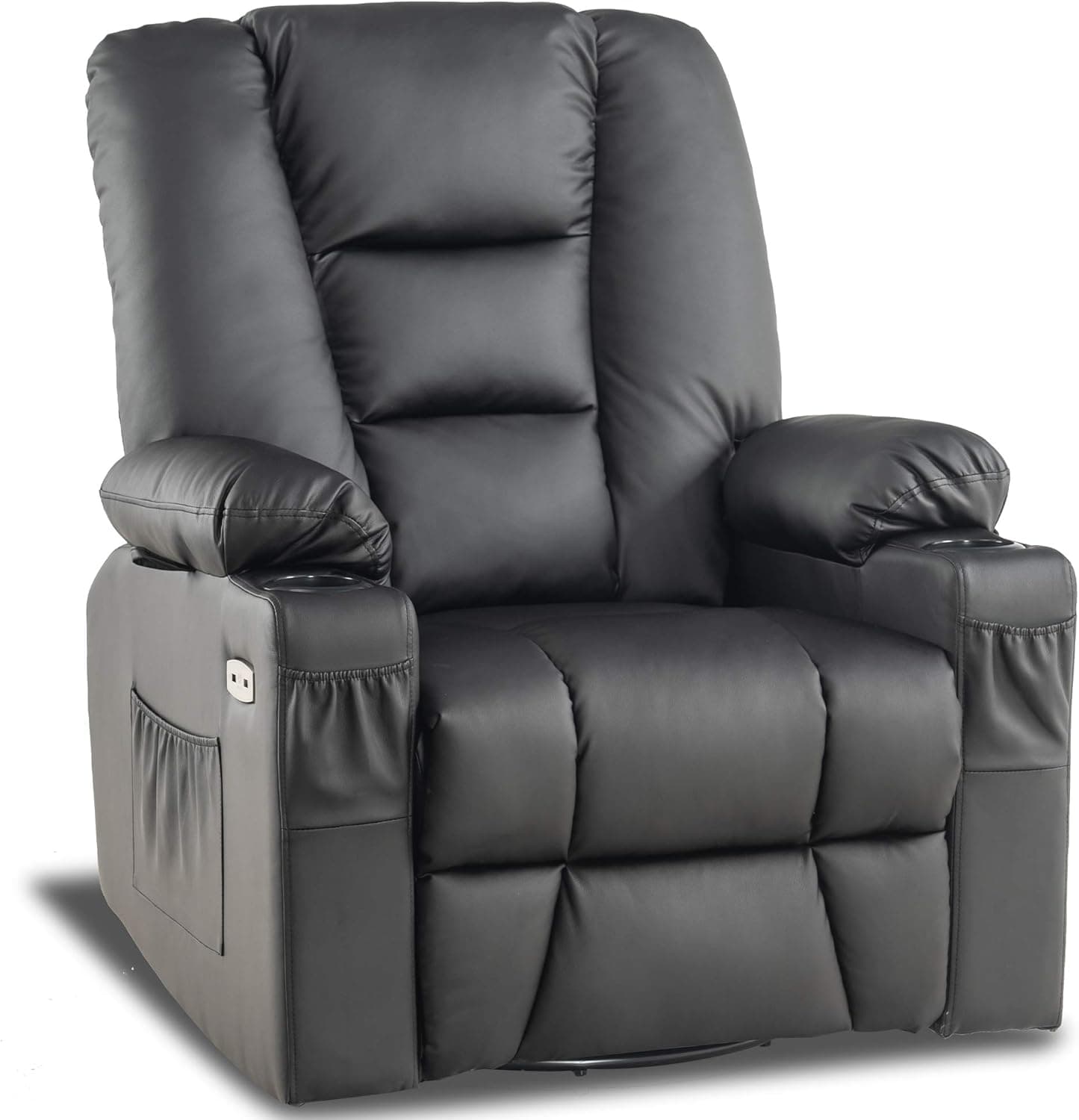 MCombo Manual Swivel Glider Rocker Recliner Chair with Massage and Heat for Nursery, USB Ports, 2 Side Pockets and Cup Holders, Durable Faux Leather 8036 (Black)