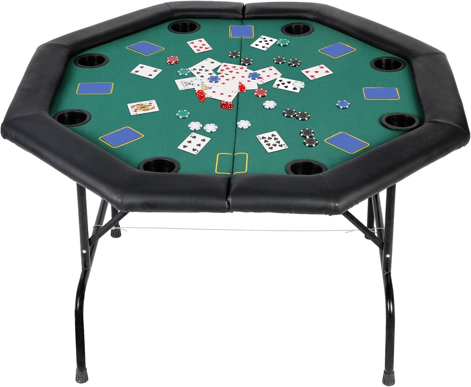 KARMAS PRODUCT Poker Table Folding Texas Holdem Casino Leisure Game Octagonal Table with Cup Holder 8 Player -Green