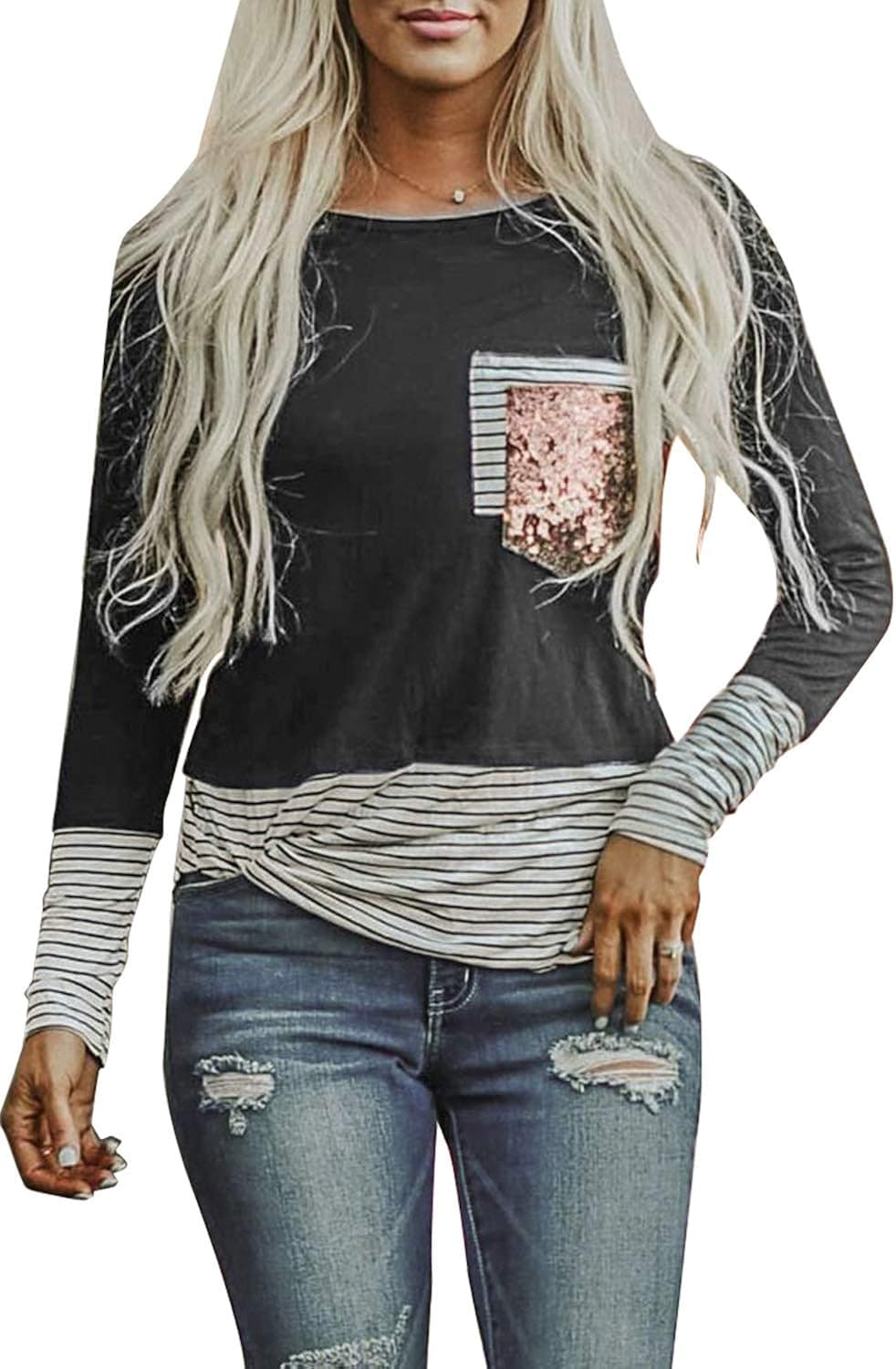 KINGFEN Womens Long Sleeve Color Block Tops Striped Casual Crewneck T Shirts Waffle Knit Sweaters