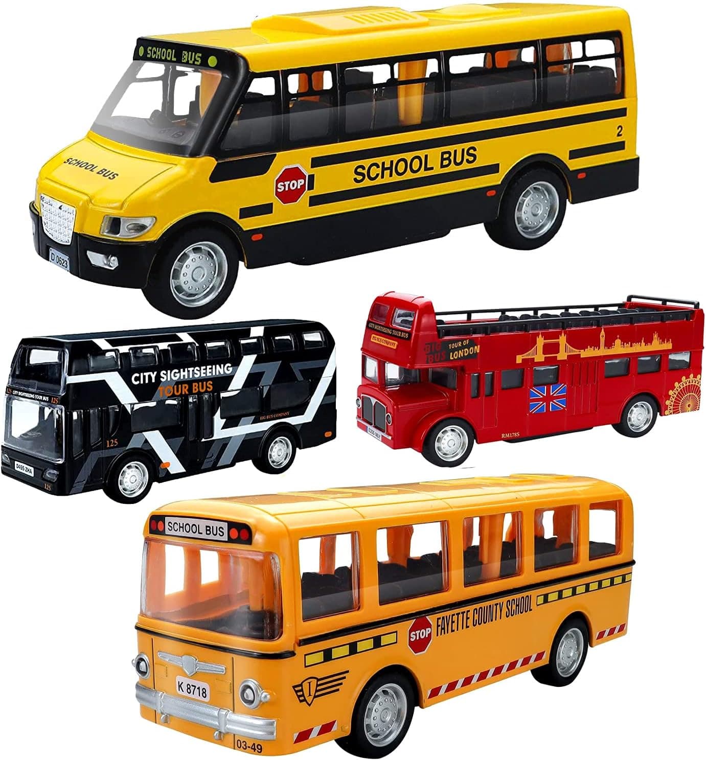 CORPER TOYS Bus Toys Die Cast Metal Toy Cars Pull Back School Bus Double Decker London Vehicles Friction Powered City Sightseeing Tour Bus Play Vehicle Toy Set for Kids 4 Pack