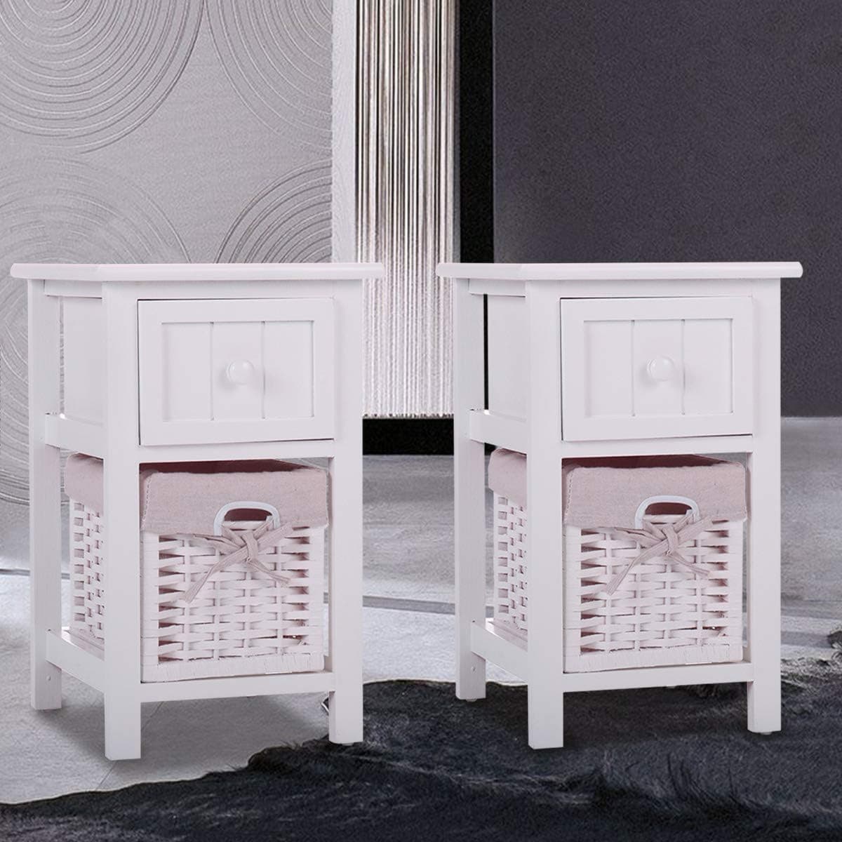 JAXSUNNY Set of 2 Small Wood Nightstand 2 Layer 1 Drawer Small Bedside End Table Bedroom Organizer W/Basket,11"x12.2"x17.7"