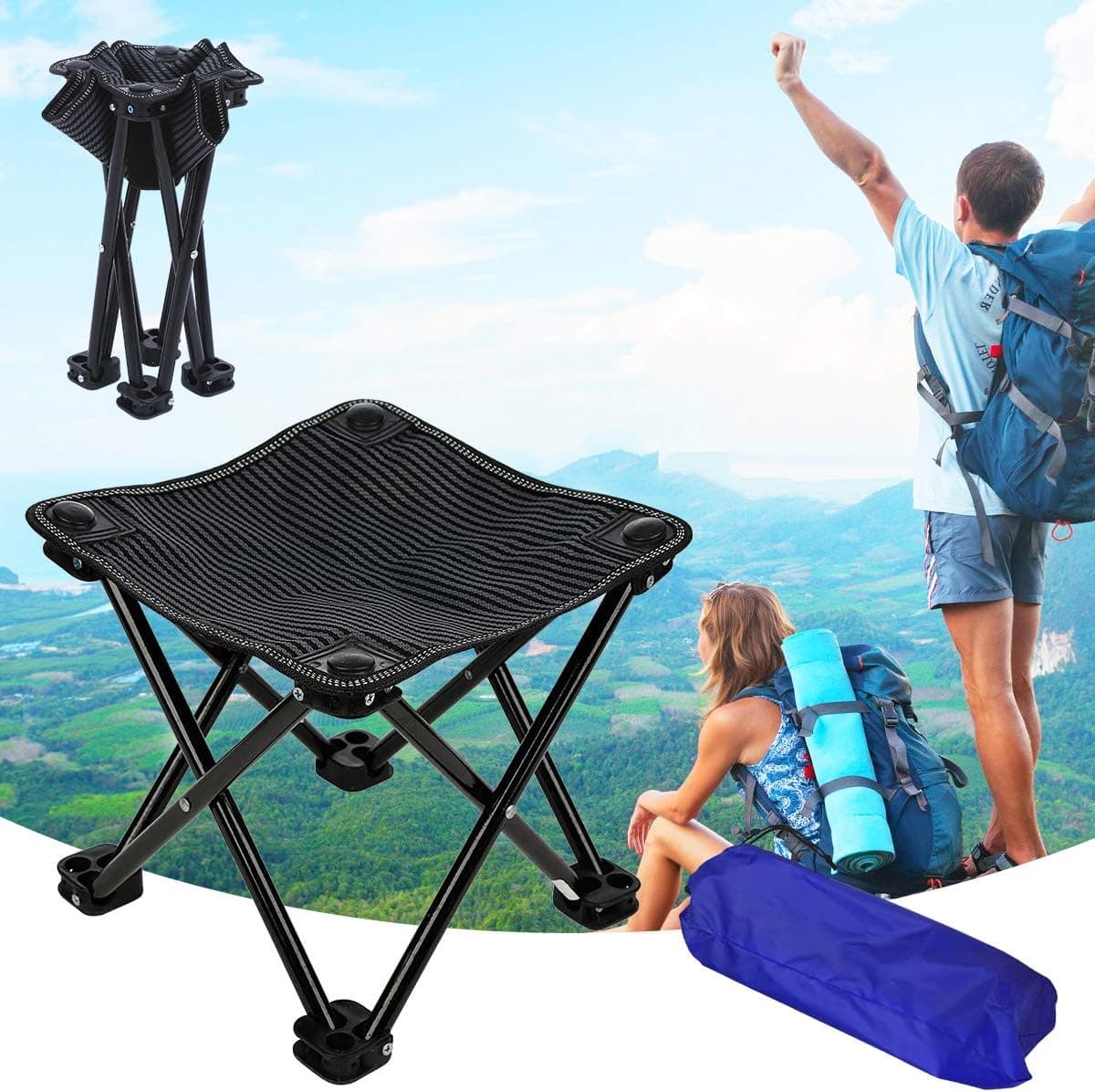 Folding Portable Camping Stool Mini Lightweight Sturdy Collapsible Chair for Camping, Fishing, Hiking, Fishing, Travel, Beach, Picnic with Portable Bag (Black-Medium)